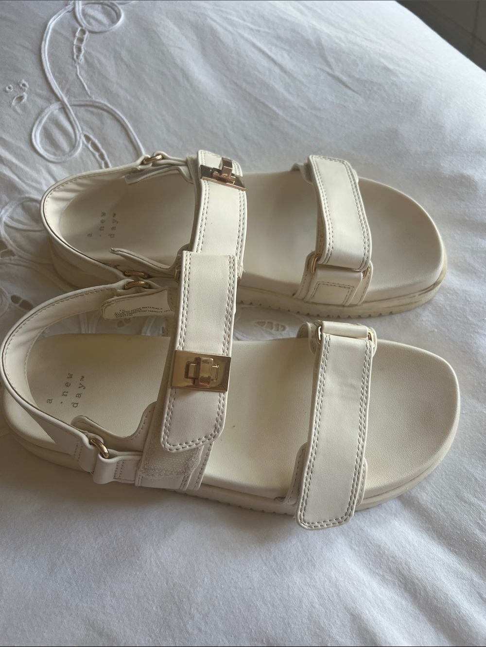 a new day White Strappy Sandals with Gold Buckles